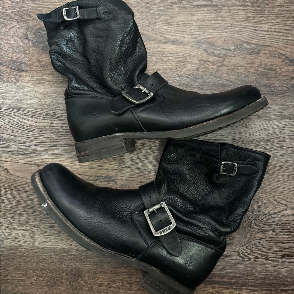 Frye Black Combat Moto Boots with Buckle Details